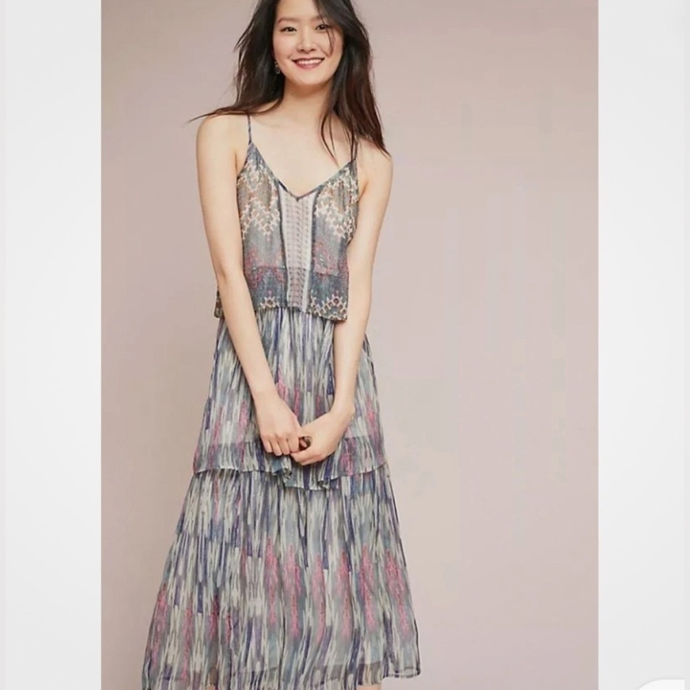 Anthropologie Meadow Rue 8 Josie Tiered Midi Dress Party Cocktail Metallic